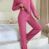 Women Autumn Winter Sleepwear Ribbed Pajamas Set Long Sleeve Top and Long Pants 2 Piece Set Casual Homewear Loungewear - Image 3