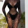 Perspective Sexy Lingerie Long Sleeve Bodystocking with Close Crotch Bodysuit Sexy Lingerie Fishnet Bodysuit Lace Bodysuit