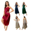 Women's Ice Silk Satin Causal Nightgown Long Slip Sleep Dress Silk V Neck Sling Solid Color Long Loose Nightwear