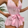 Women's Lace Lingerie Bodysuits Sexy Sleeveless Spaghetti Strap Belted Teddy Skirted Bodysuit Sleepwear Exotic Rompers