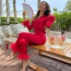 2Pcs Women Pajamas Set Spring Summer Casual Lapel Tops + Feather Pants Suits Sexy Lingerie Nightwear Silk Satin Pyjamas Homewear - Image 4